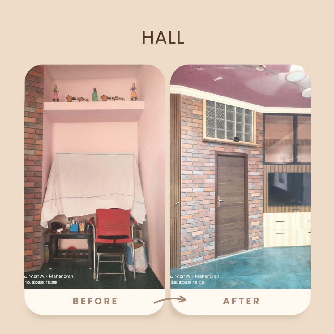 Before and after hall renovation with brick accent wall