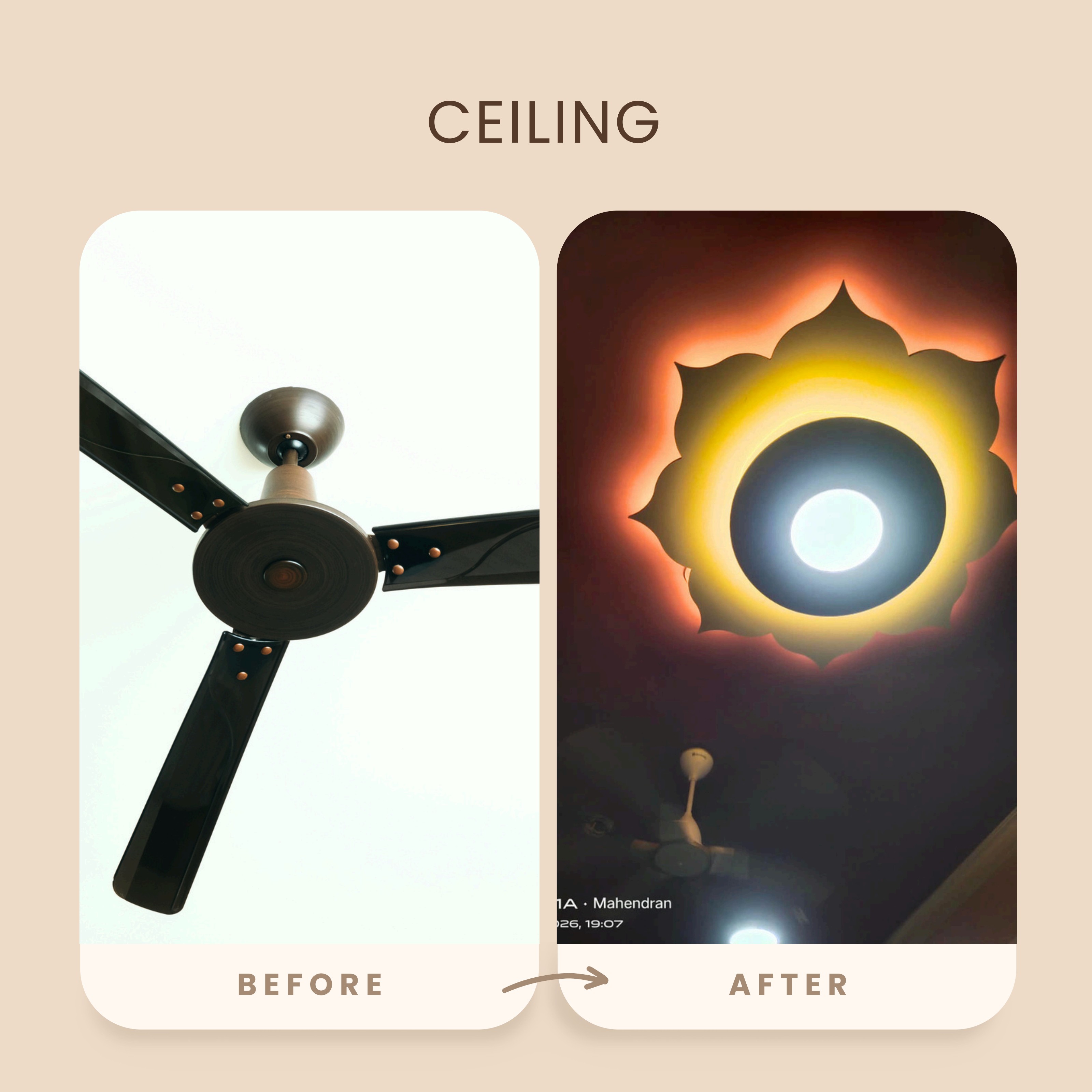 Before and after ceiling transformation with decorative lighting